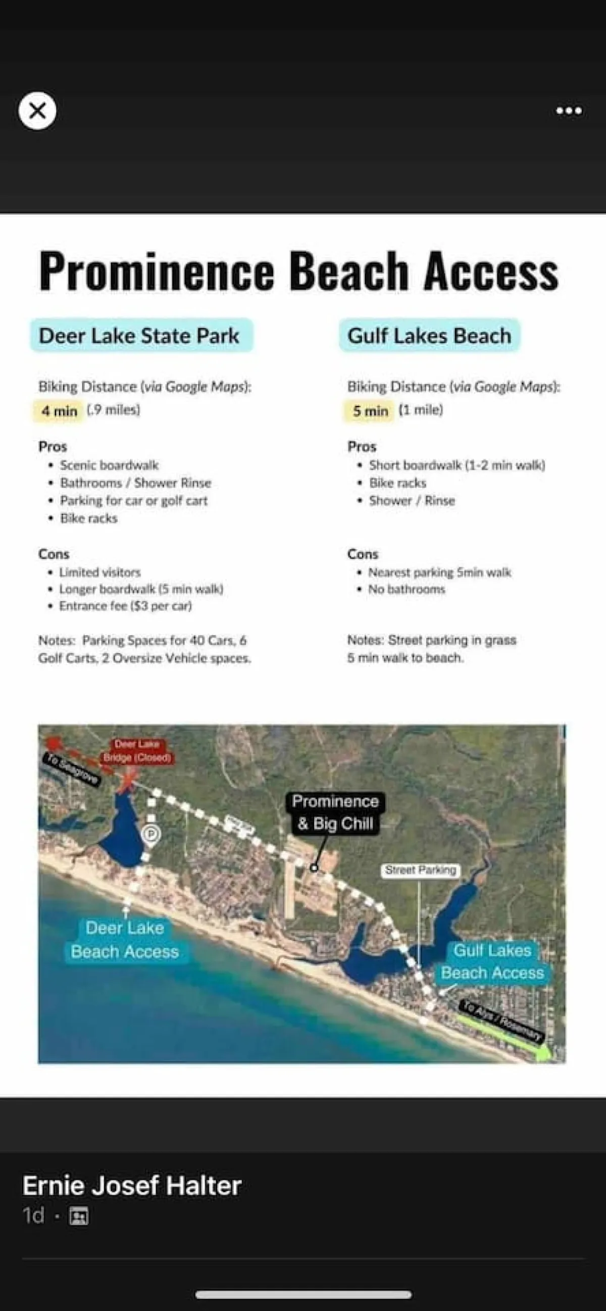 A practical map-view illustration highlights the Prominence & Big Chill location relative to Deer Lake and Gulf Lakes Beach Access points. Biking and walking distances are clearly marked, with visual cues for boardwalks and local amenities, reinforcing ease of access to the beach.