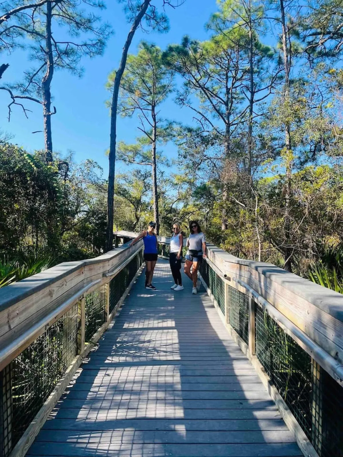 This exterior shot features a wooden boardwalk surrounded by lush greenery and tall pine trees, with three women posing and enjoying the natural setting. It captures the spirit of outdoor exploration, group adventure, and the beauty of 30A’s scenic nature trails.